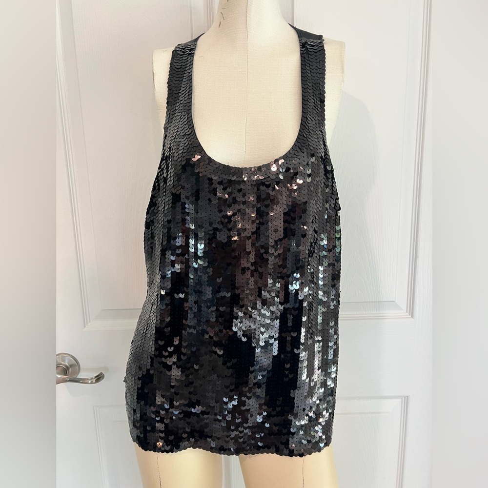Banana Republic Women’s Lined Black Sequin and Silk Sleeveless Top SZ L - Picture 2 of 12